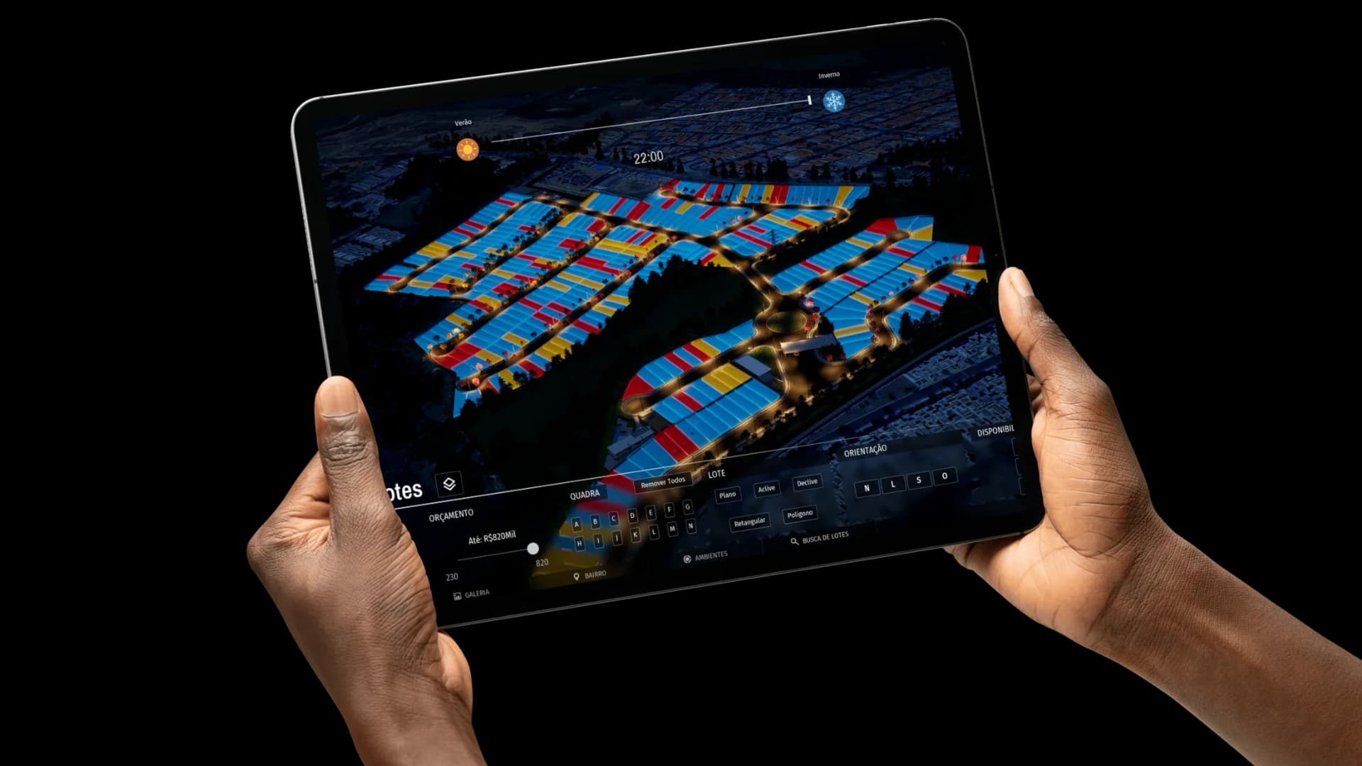 SOL — Interface do sistema em tablet mostrando visualização 3D de loteamento